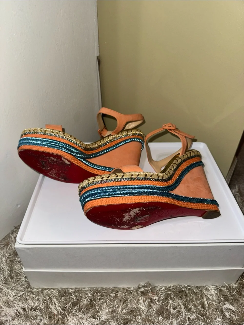 Christian Louboutin Peach and Gold Suede Wedge Sandals with Turquoise Trim